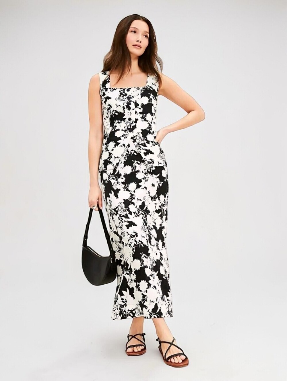 LOFT Linen Blend Floral Vest & Midi Skirt Set Black White Size 8